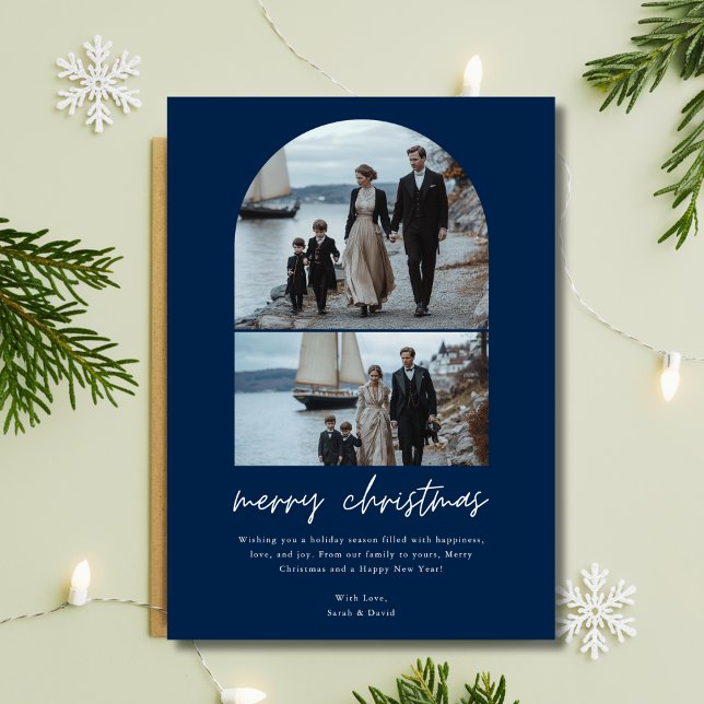 Modern Family Beach Nautical Christmas Photo Blue Holiday Card (Creator Uploaded)