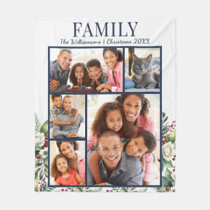 Modern Family Christmas 5 Photos Collage Navy Blue Fleece Blanket