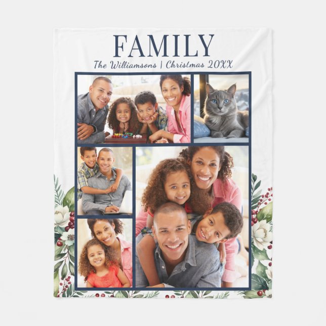 Modern Family Christmas 5 Photos Collage Navy Blue Fleece Blanket (Front)