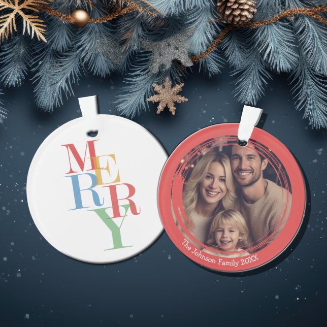 Modern Family Christmas Merry Festive Photo Ornament (Family Merry bright christmas ornament)