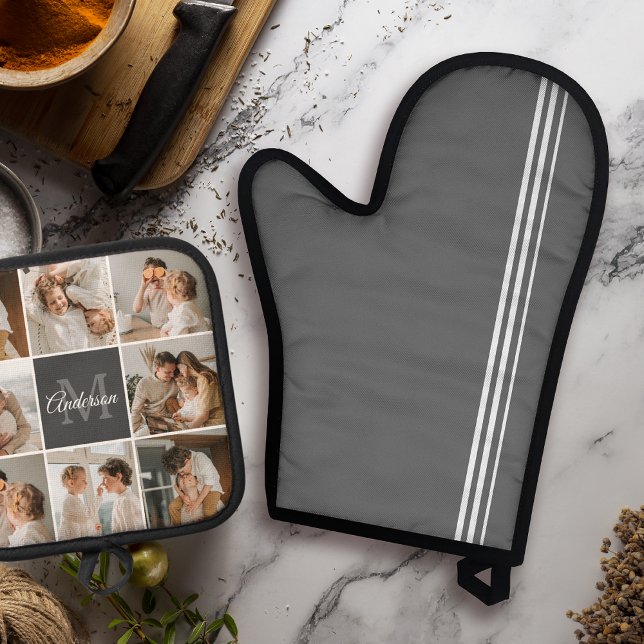 Modern Family Collage Photo & Personalised Gift Oven Mitt & Pot Holder Set (Creator Uploaded)