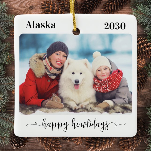 Modern Family Custom Dog Photo Happy Howlidays Ceramic Ornament (Creator Uploaded)