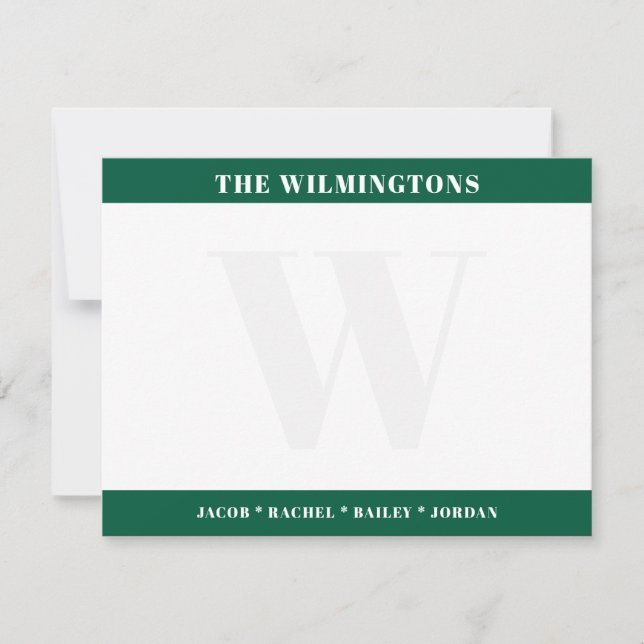 Modern Family Initial Hunter Green Stationery  Card (Front)