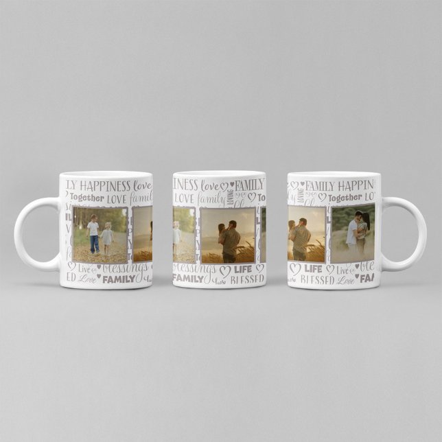 Modern Family Love Typography Script Photo Coffee Mug (Custom family photo collage mug with love typography pattern and personalized picture memories.)