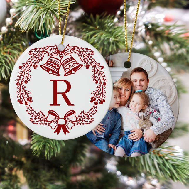 Modern Family Monogram Christmas Photo Ceramic Tree Decoration (Creator Uploaded)