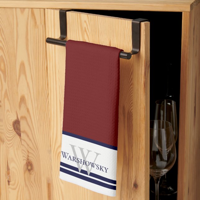 Modern Family monogram Maroon Red Tea Towel (Thirds Fold)