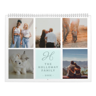 Modern family monogram name teal 17 photo collage calendar