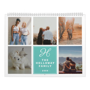 Modern family monogram name teal 17 photos collage calendar