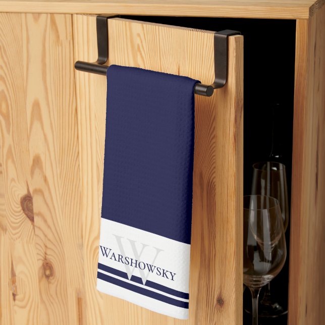Modern Family monogram Navy Blue Kitchen Towel (Thirds Fold)