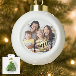 Modern FAMILY Name 2 Photos Script Custom Colour Ceramic Ball Christmas Ornament