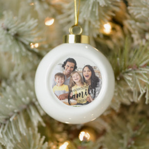 Modern FAMILY Name 2 Photos Script Custom Colour Ceramic Ball Christmas Ornament