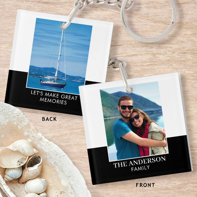 Modern Family Name Custom 2 Photo Black & White Key Ring (Creator Uploaded)