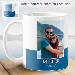 Modern Family Name Custom 2 Photo Blue White Coffee Mug