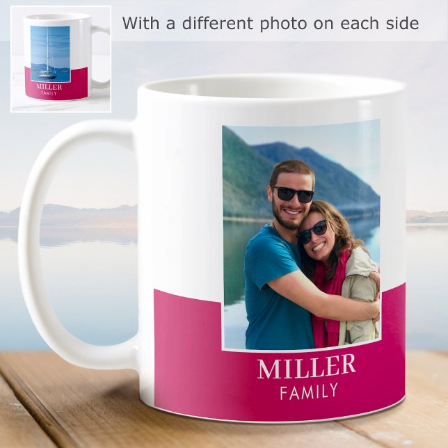 Modern Family Name Custom 2 Photo Pink Coffee Mug (Creator Uploaded)