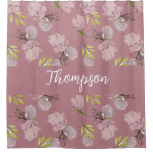 Modern family name cute pink floral script stylish shower curtain