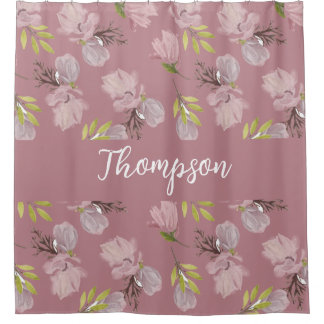 Modern family name cute pink floral script stylish shower curtain