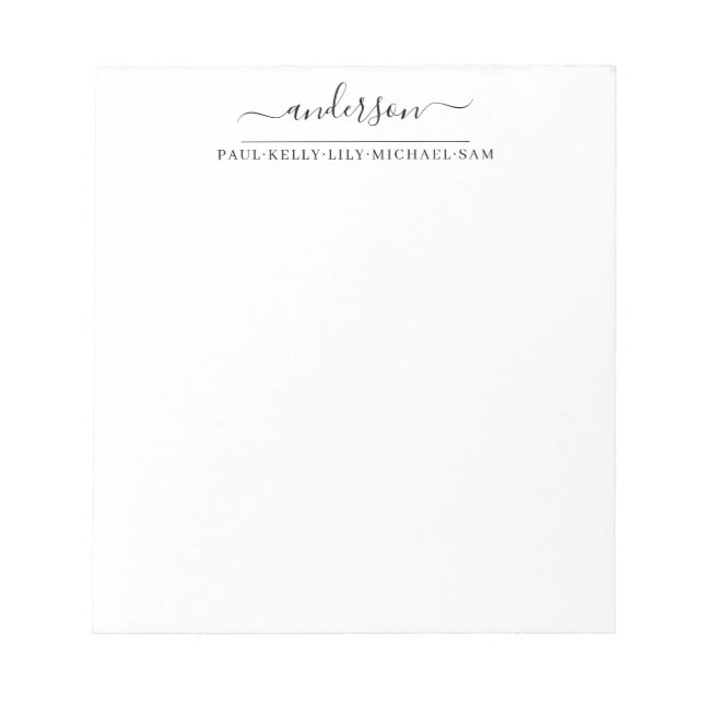 Modern Family Name Script Simple Black Typography Notepad (Front)