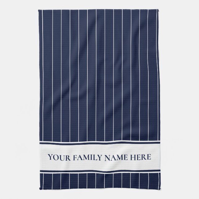 Modern Family Navy White Striped Kitchen Tea Towel (Vertical)