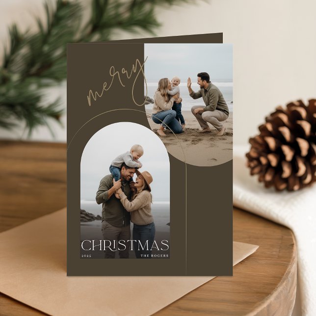 Modern Family of 3 Beach Photo Christmas Folded Holiday Card (Creator Uploaded)
