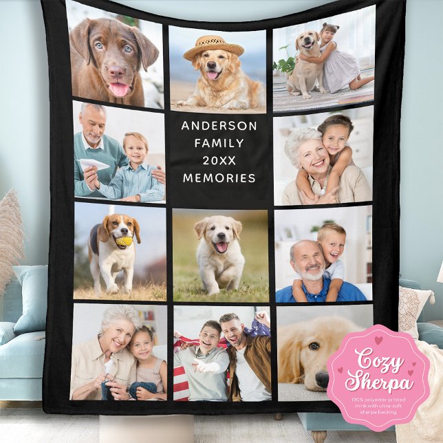 Modern Family Personalized 11 Photo Collage Black  Sherpa Blanket (Creator Uploaded)