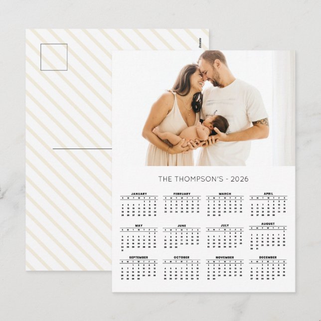 Modern Family Photo 2026 Calendar 12 Month  Holiday Postcard (Front/Back)
