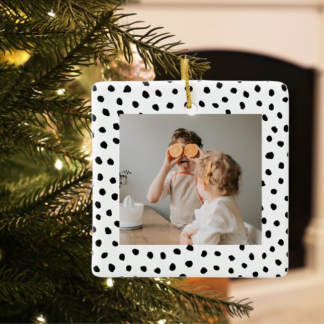 Modern  Family Photo & Black Dots Beauty Gift  Ceramic Ornament (Creator Uploaded)