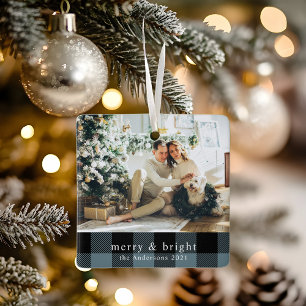 Modern Family Photo Blue Plaid Ceramic Ornament