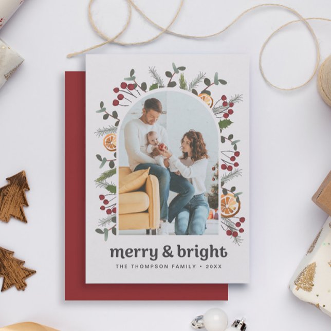 Modern Family Photo Christmas holly citrus oranges Holiday Card (Rustic citrus and holly arch family Christmas card)