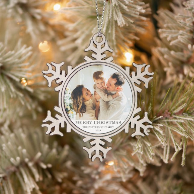 Modern Family Photo Christmas Snowflake Pewter Christmas Ornament (Tree)