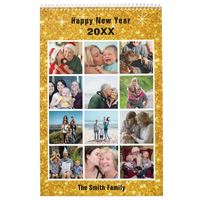 Modern Family Photo Collage Gold Glitter Custom  Calendar (Cover)