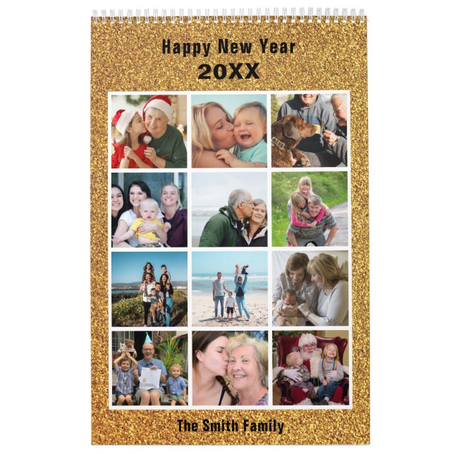 Modern Family Photo Collage Gold Glitter Custom Calendar (Cover)