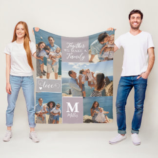 Modern FAMILY Photo Collage Monogram Name 5 photos Fleece Blanket