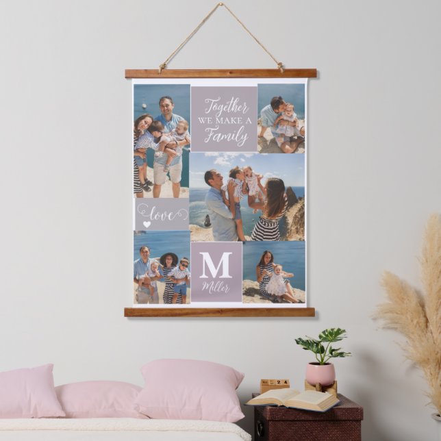 Modern FAMILY Photo Collage Monogram Name 5 photos Hanging Tapestry (Bedroom)