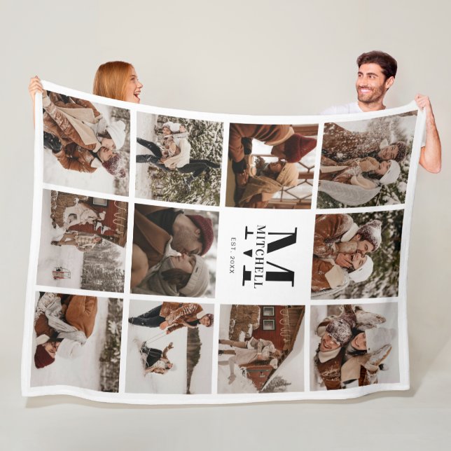 Modern Family Photo Collage | Monogrammed Keepsake Fleece Blanket (In Situ)