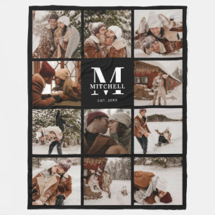 Modern Family Photo Collage Monogrammed Keepsake Fleece Blanket