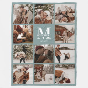 Modern Family Photo Collage Monogrammed Sage Green Fleece Blanket