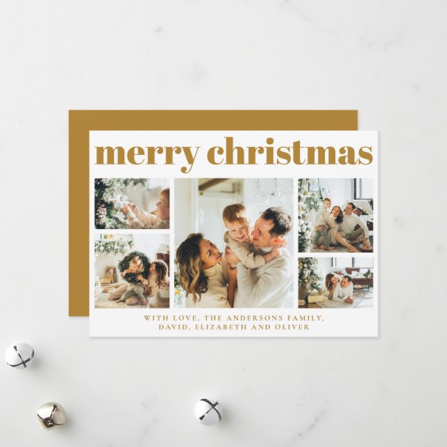 Modern Family Photo Collage Mustard Gold Christmas Holiday Card (Front/Back In Situ)