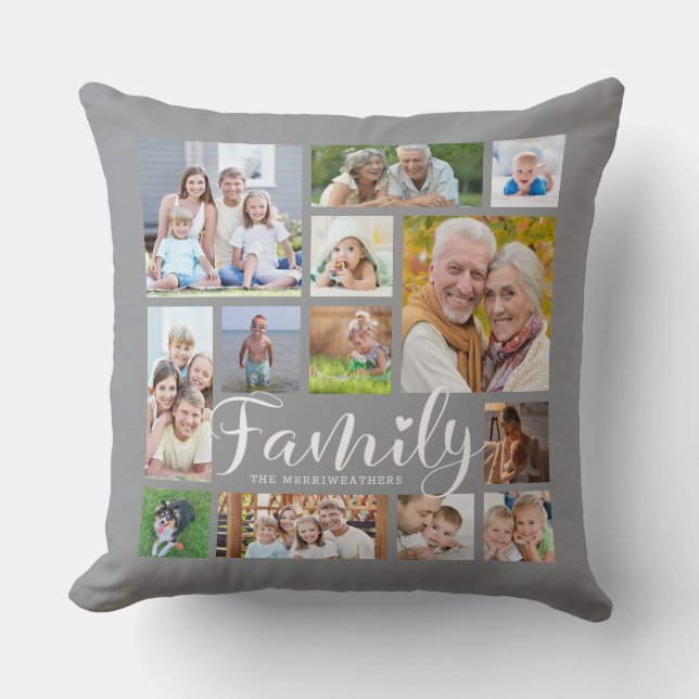 Modern FAMILY Photo Collage Script Heart Grey Cushion (Front)
