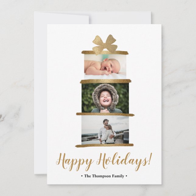 Modern Family Photo Gold Bow Gift Happy Holidays Holiday Card (Front)