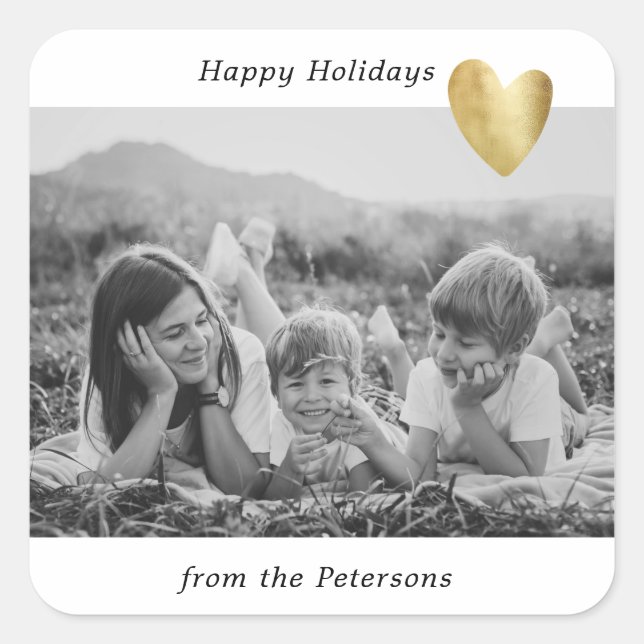 Modern Family Photo Gold Heart Happy Holidays  Square Sticker (Front)