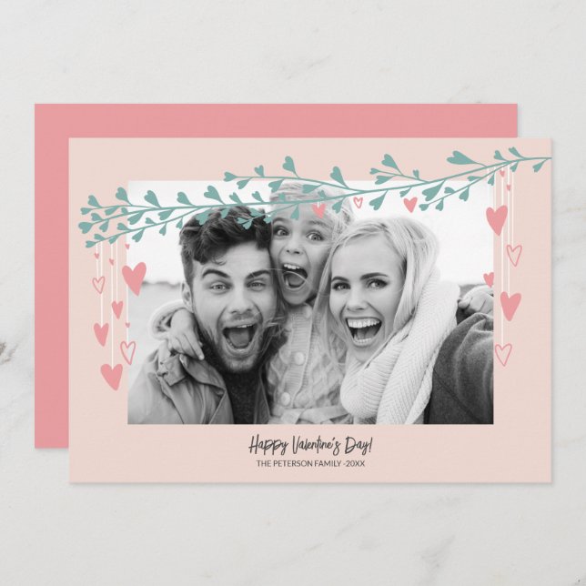 Modern family photo heart branch valentine day holiday card (Front/Back)