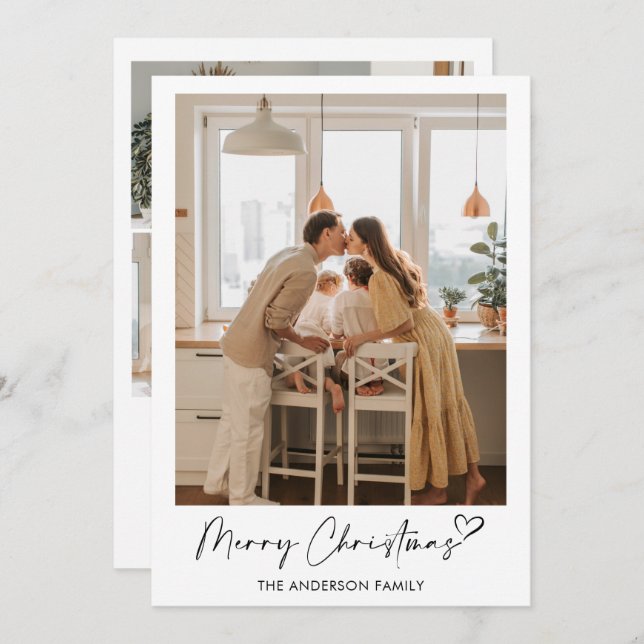 Modern Family Photo Heart Script Merry Christmas Holiday Card (Front/Back)