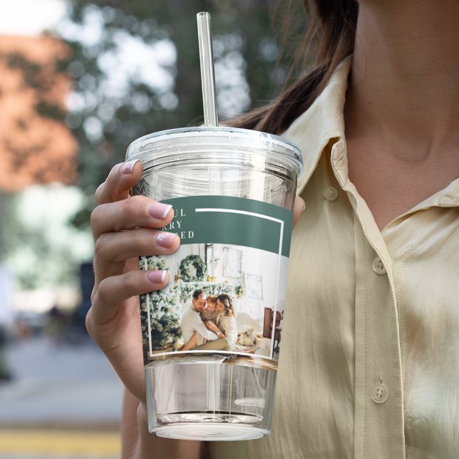 Modern Family Photo | Joyful Merry Blessed | Green Acrylic Tumbler (Creator Uploaded)