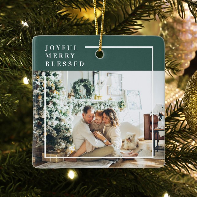 Modern Family Photo | Joyful Merry Blessed | Green Ceramic Ornament (Creator Uploaded)