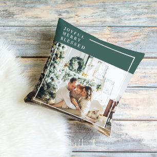 Modern Family Photo   Joyful Merry Blessed   Green Cushion