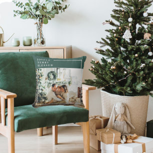 Modern Family Photo Joyful Merry Blessed Green Cushion