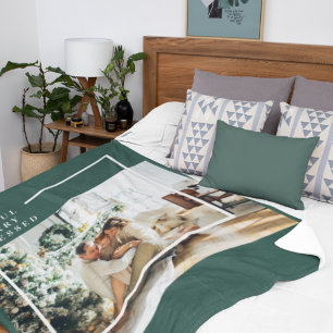 Modern Family Photo Joyful Merry Blessed Green Fleece Blanket