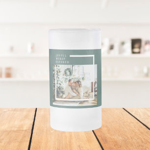 Modern Family Photo   Joyful Merry Blessed   Green Frosted Glass Beer Mug