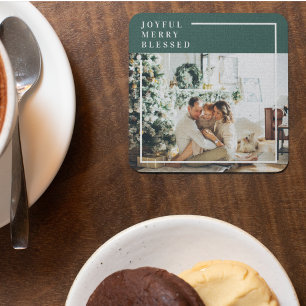 Modern Family Photo   Joyful Merry Blessed   Green Glass Coaster