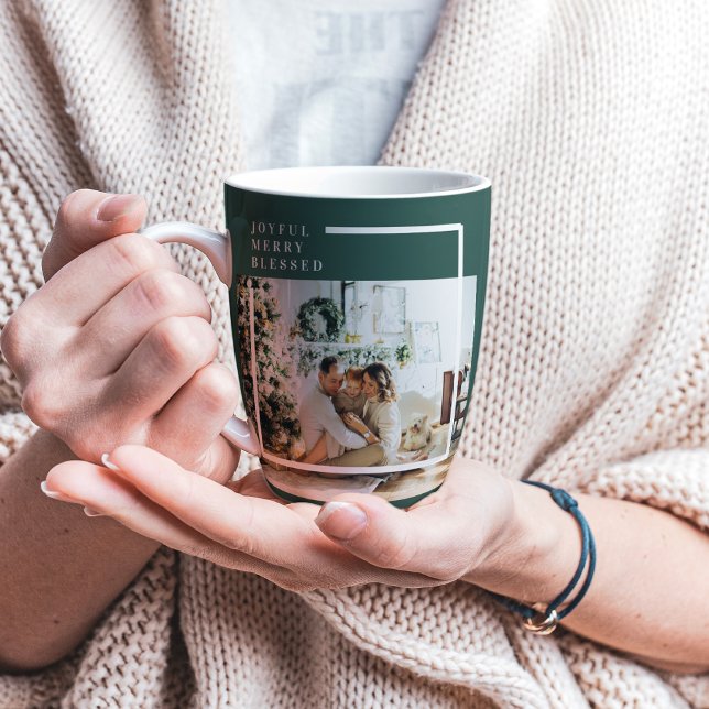 Modern Family Photo | Joyful Merry Blessed | Green Latte Mug (Creator Uploaded)